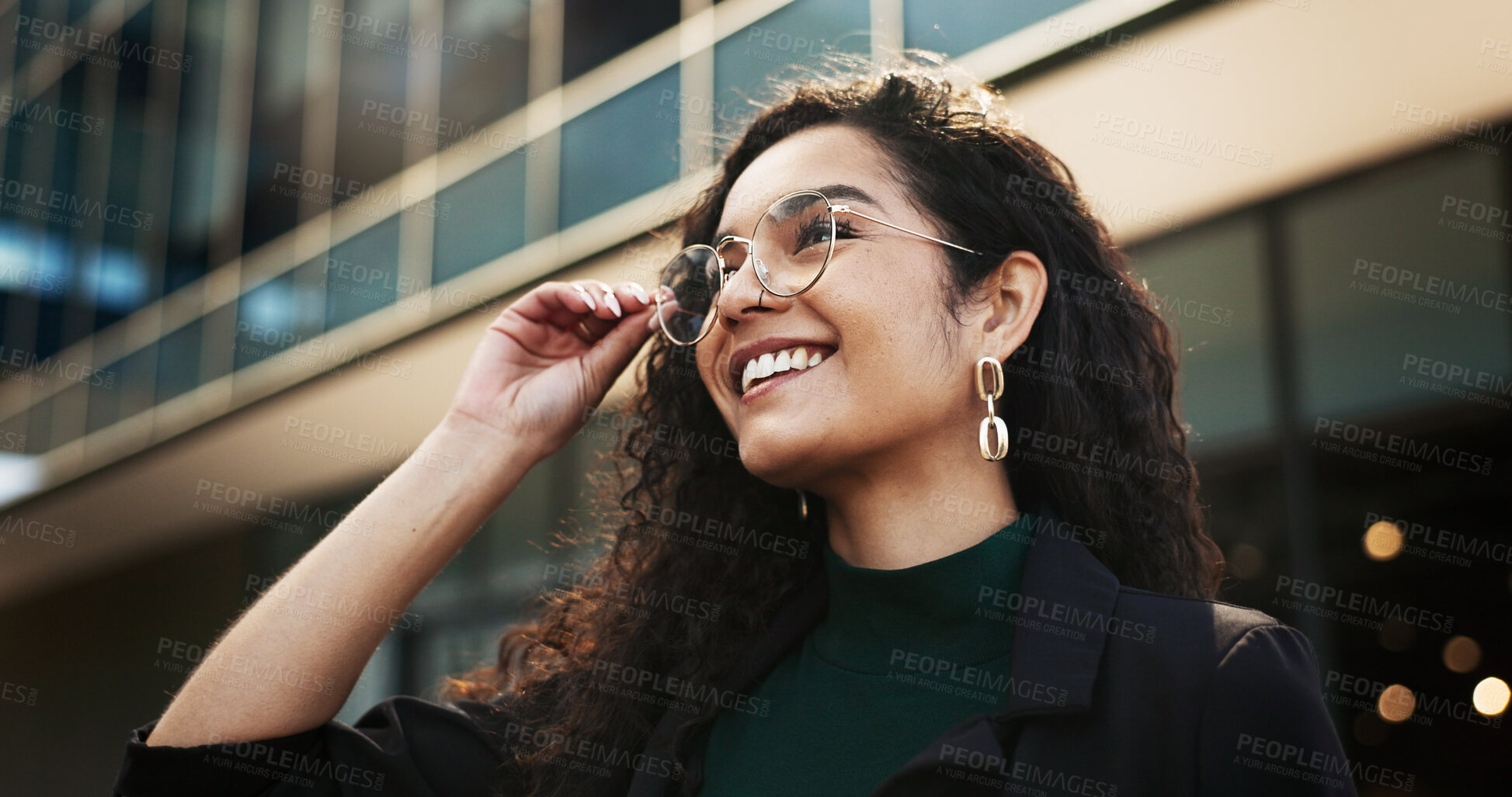 Buy stock photo Smile, vision and opportunity with a business black woman outdoor in the city for energy or inspiration. Face, thinking and glasses with a happy young employee looking to the future in an urban town