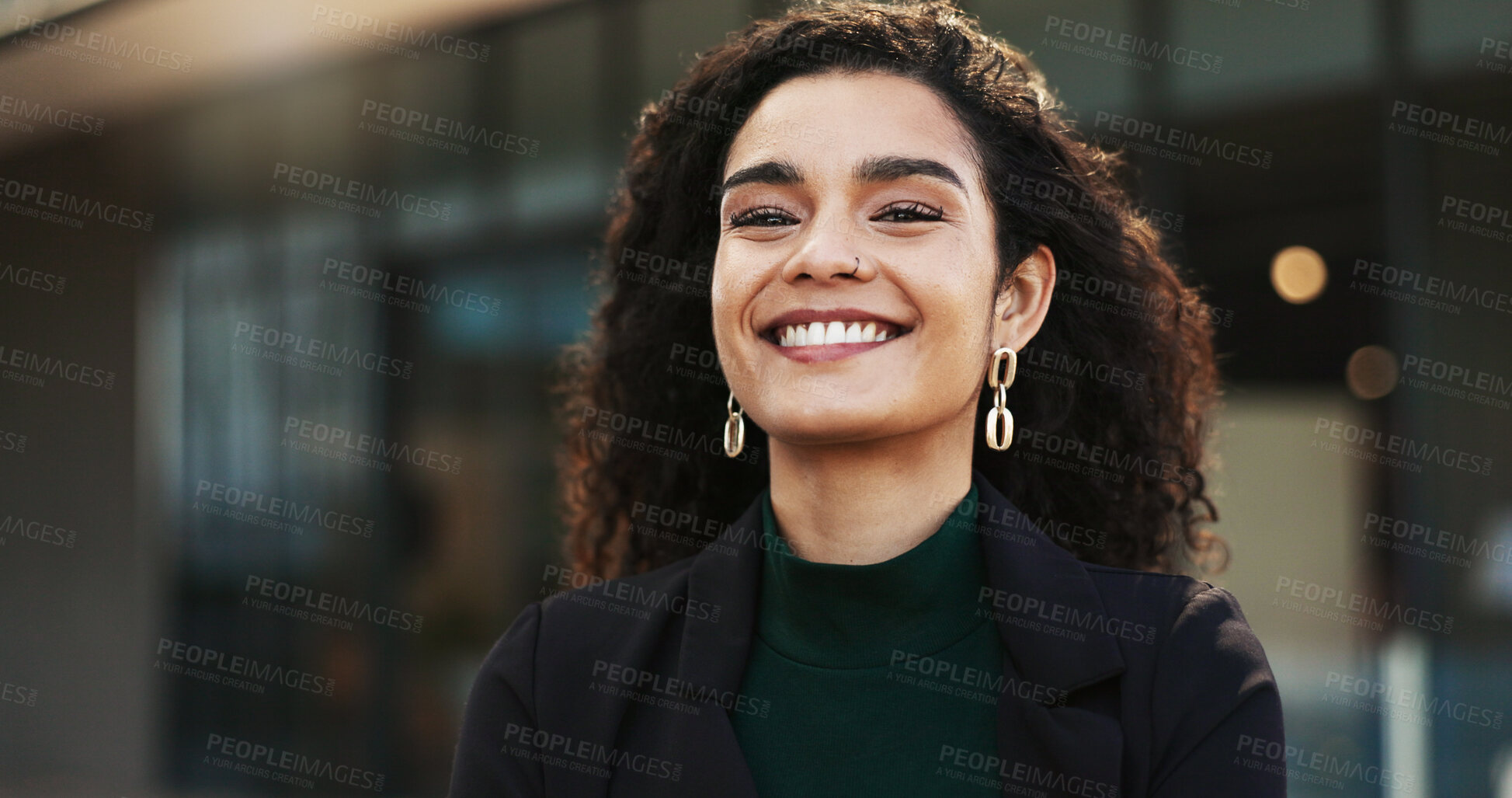 Buy stock photo Confident, city and face of business woman by building for career, job and work opportunity. Professional, happy and portrait of worker in urban town for success mindset, growth and company pride