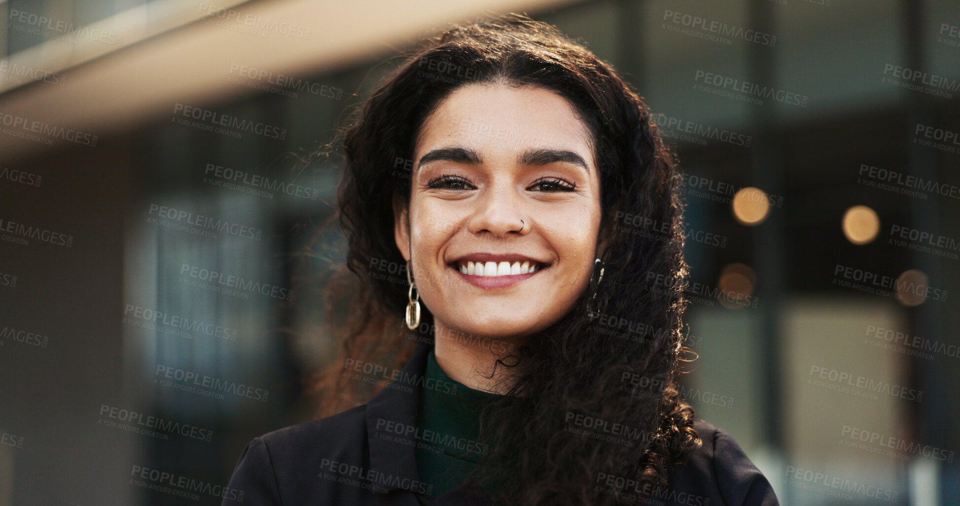 Buy stock photo Happy, city and face of business woman by building for career, job and work opportunity. Professional, confidence and portrait of worker in urban town for success mindset, growth and company pride