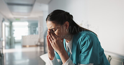 Stress, sad and loss with a woman nurse in hospital after a fail, mistake or error in healthcare treatment. Depression, anxiety and grief with a young medicine professional in a medical clinic