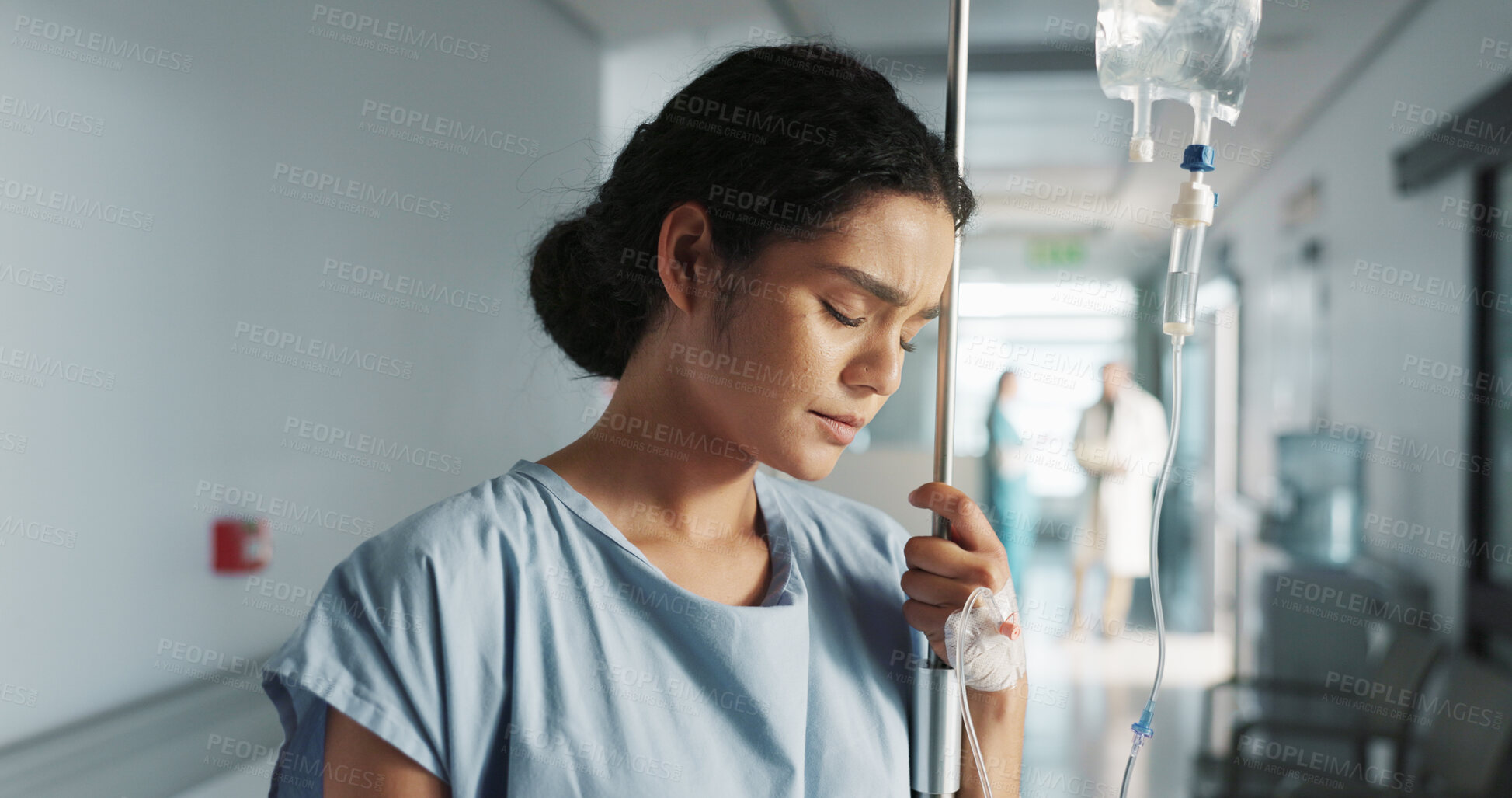 Buy stock photo Sad, breathing and a woman with an iv drip at hospital for medicine, wellness and recovery from virus. Depression, thinking and a clinic patient with treatment stress, burnout or anxiety while sick