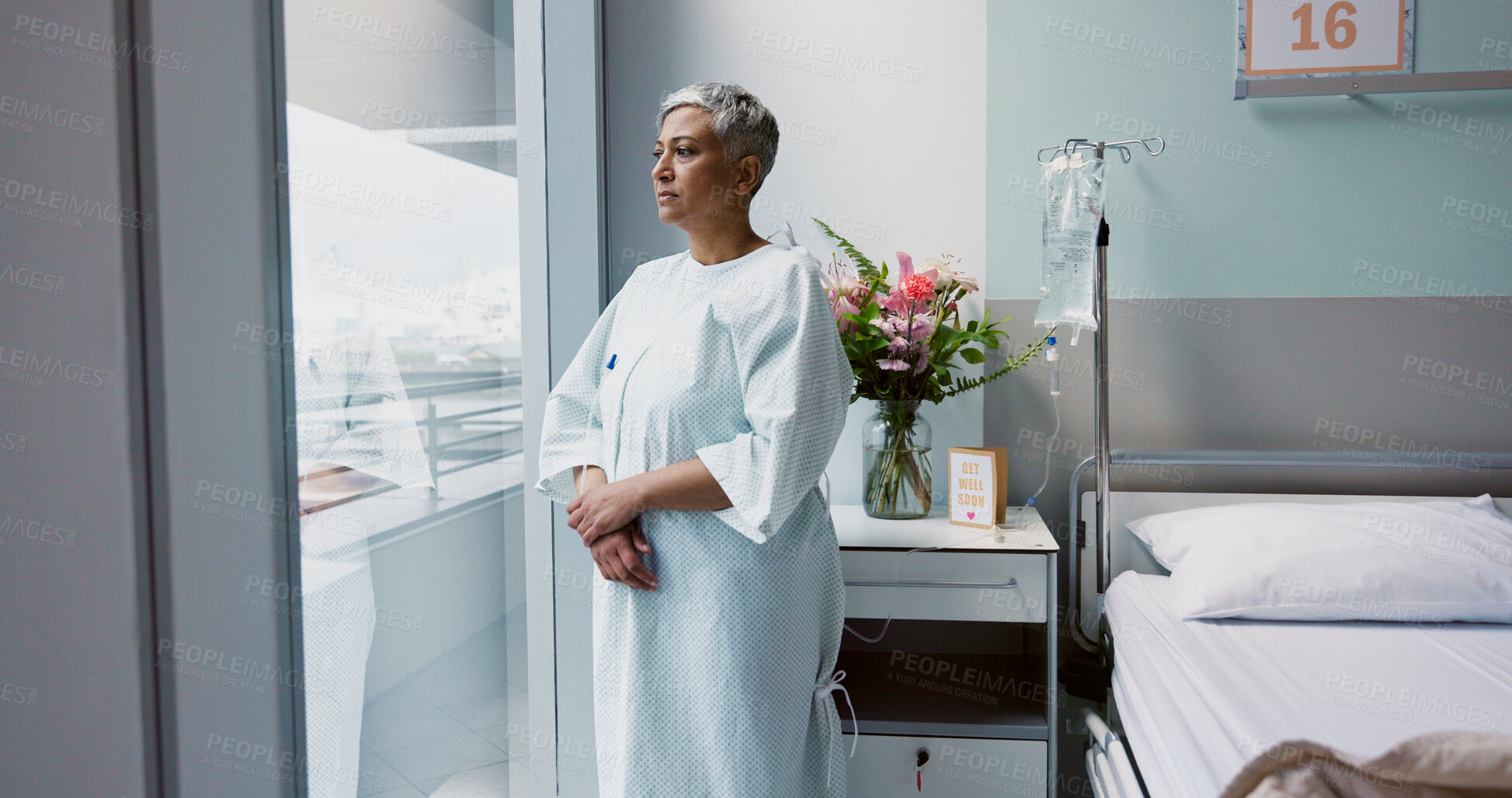 Buy stock photo Sad, patient and thinking in hospital with window and stress, anxiety or fear of cancer, death and insurance. Senior, woman and depression in clinic with lady worried for future or mental health