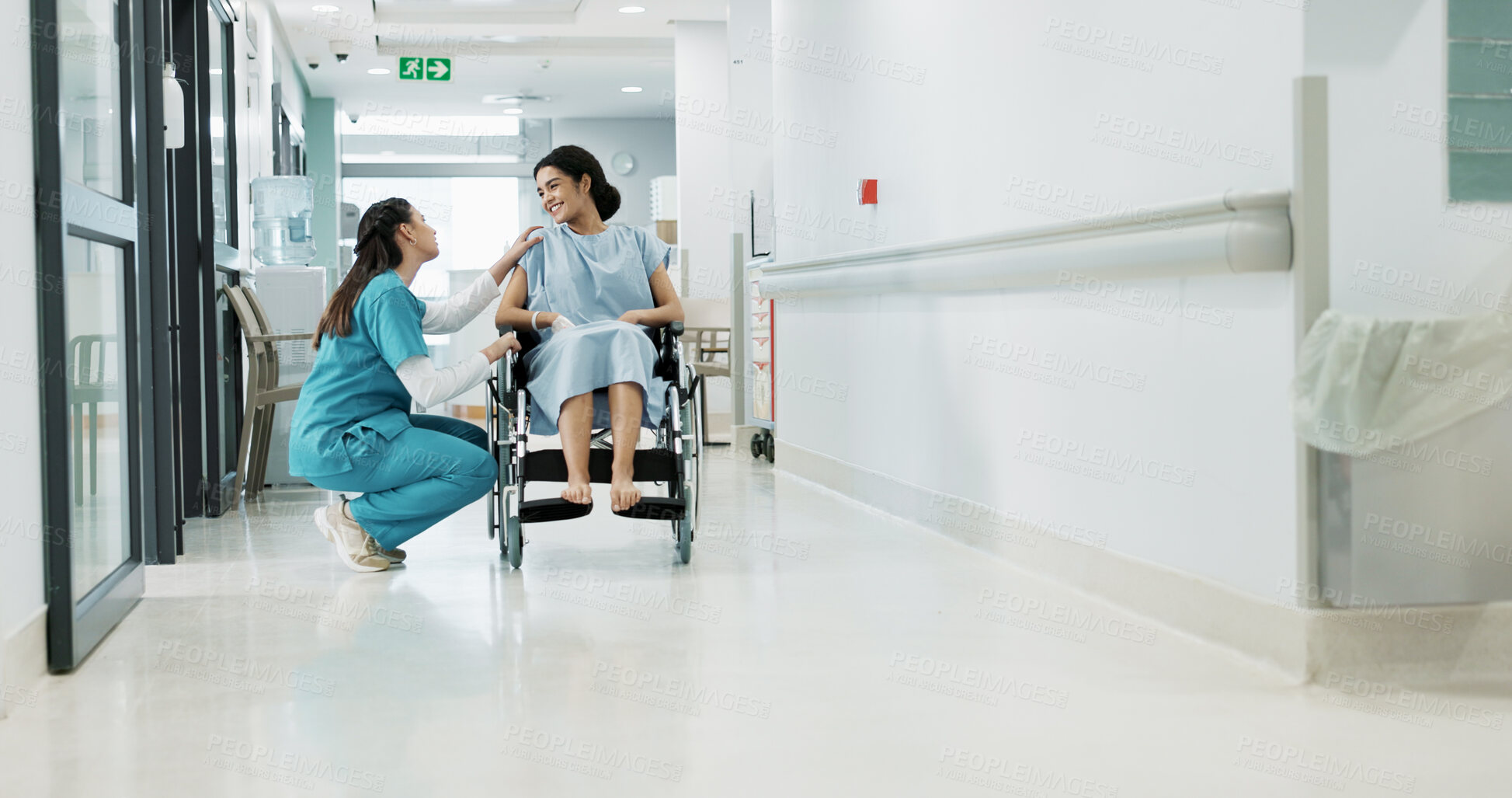 Buy stock photo Doctor, wheelchair patient and talking people consulting over healthcare service, wellness surgery or medical support. Clinic, help and medical expert, nurse or surgeon chat to person with disability