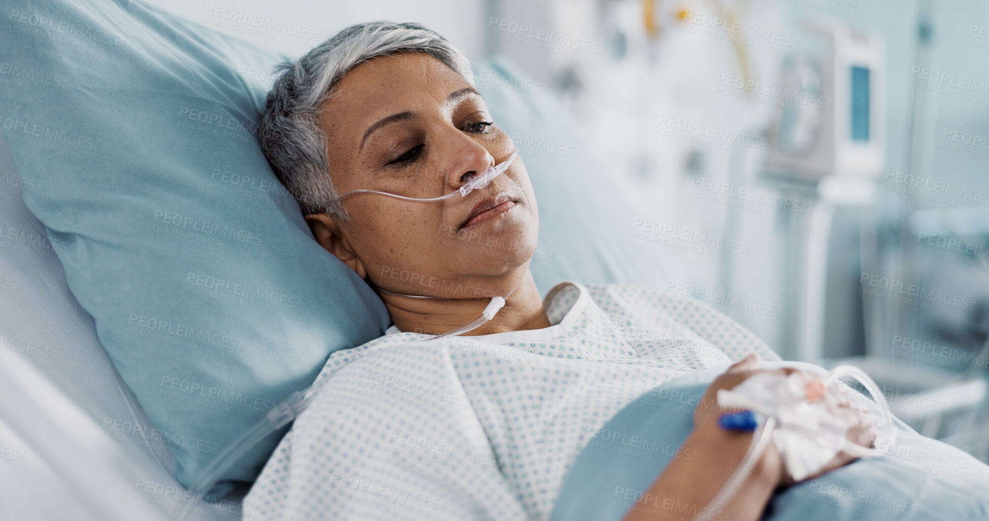 Buy stock photo Sick, iv drip and senior woman in the hospital for consultation, surgery or treatment. Healthcare, recovery and elderly female patient resting in bed after operation or procedure in a medical clinic.