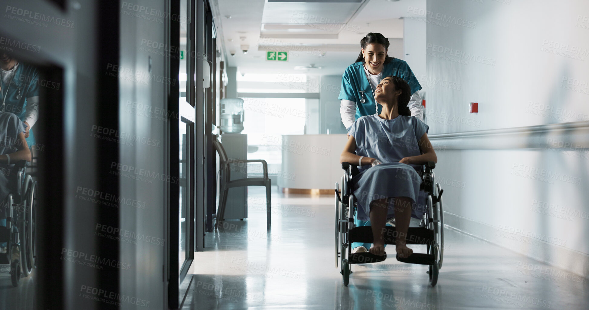 Buy stock photo Happy nurse, wheelchair patient and people talking, consulting and motivation advice, kindness or empathy for medical surgery. Support, client or doctor trust, care and chat to person with disability