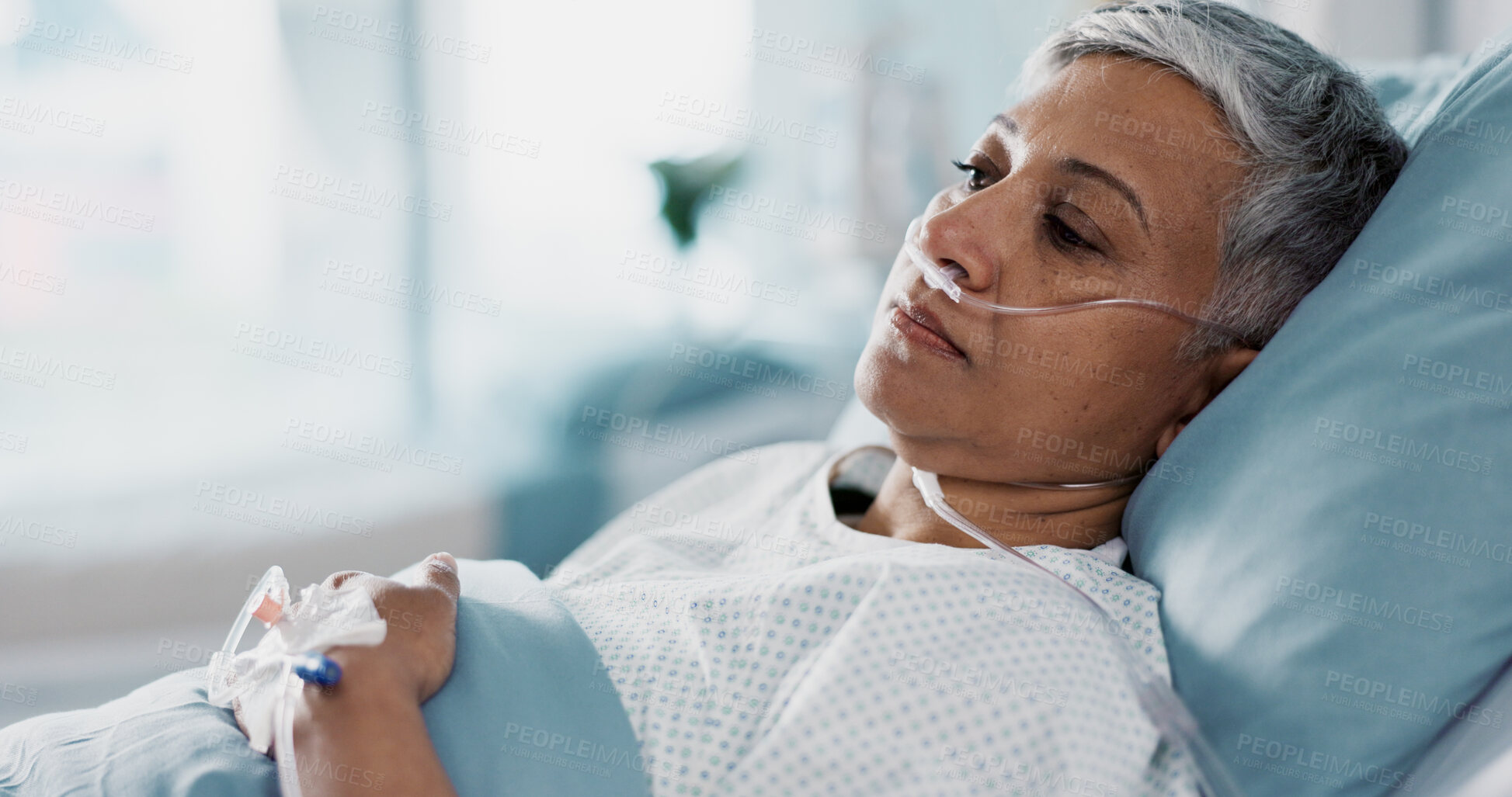 Buy stock photo Sick, iv drip and senior woman in the hospital for consultation, surgery or treatment. Healthcare, recovery and elderly female patient resting in bed after operation or procedure in a medical clinic.