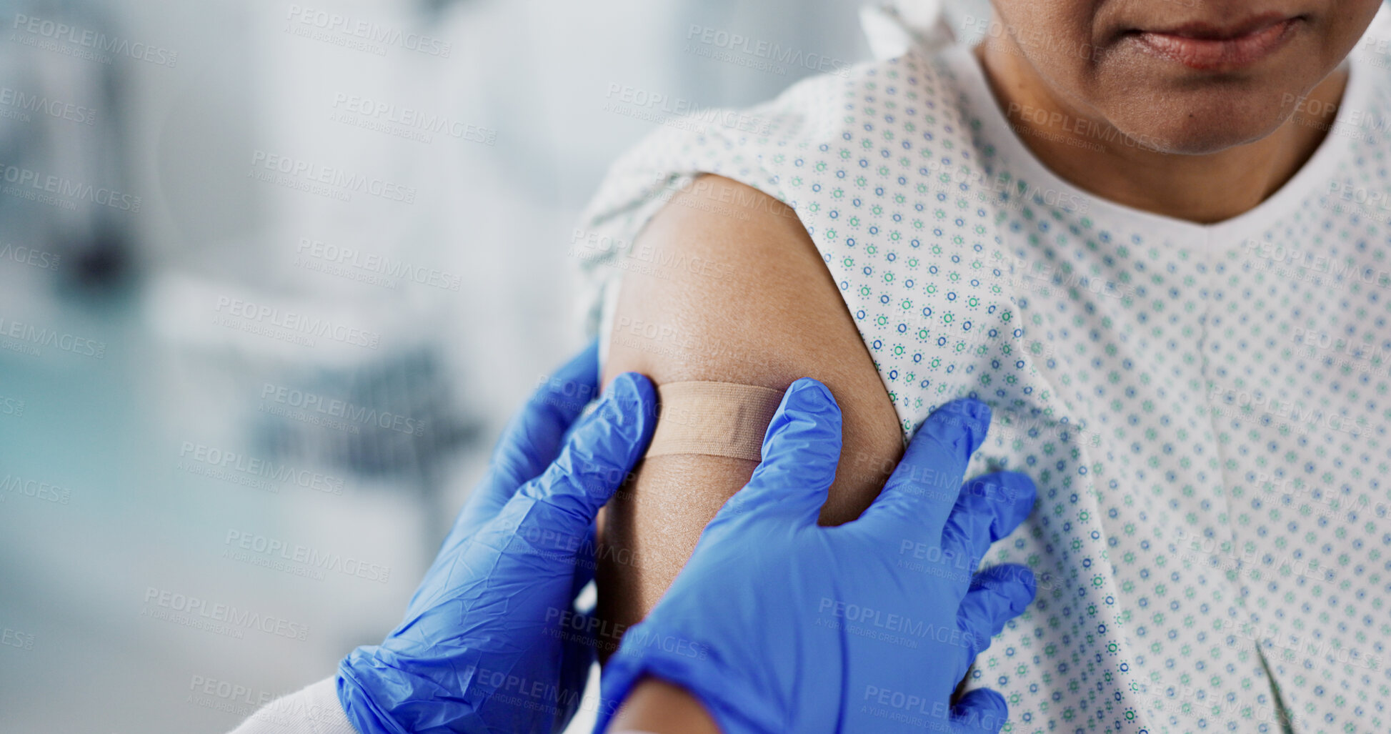 Buy stock photo Doctor, hands and plaster on arm, vaccine and healthcare of patient in hospital. Nurse, bandage and injection of person closeup for medicine, virus immunity or help with treatment of injury in clinic