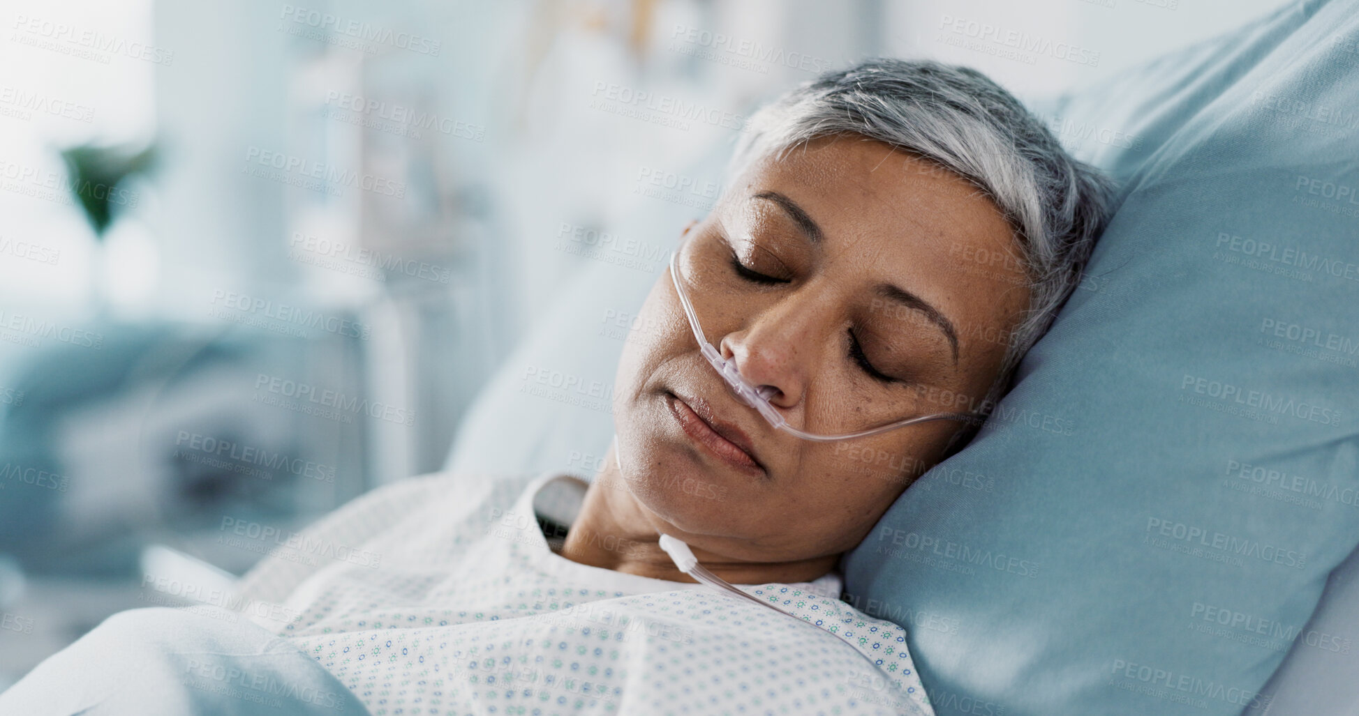 Buy stock photo Medical, iv drip and senior woman in the hospital for consultation, surgery or treatment. Healthcare, recovery and elderly female patient resting in bed after operation or procedure in a clinic.