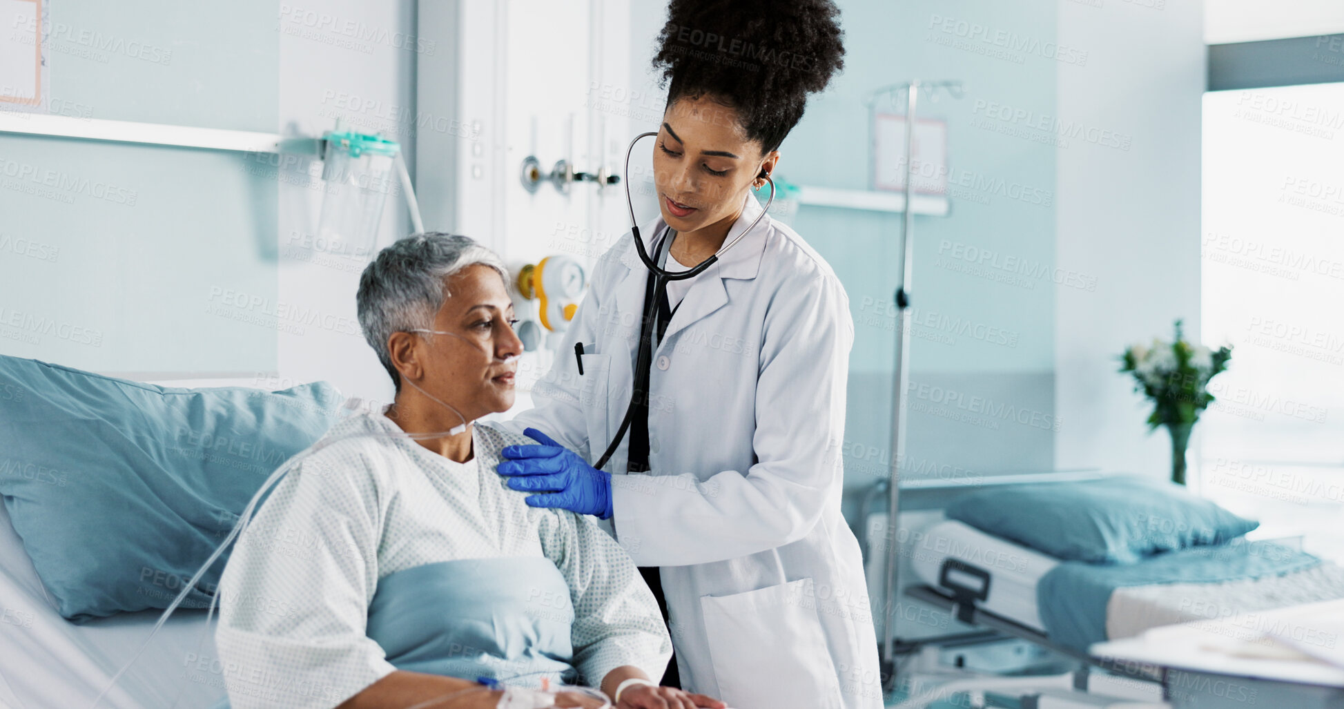 Buy stock photo Hospital, doctor and woman breathing with stethoscope for diagnosis, medical service and checkup. Healthcare, clinic and health worker with mature patient for surgery recovery, wellness and healing