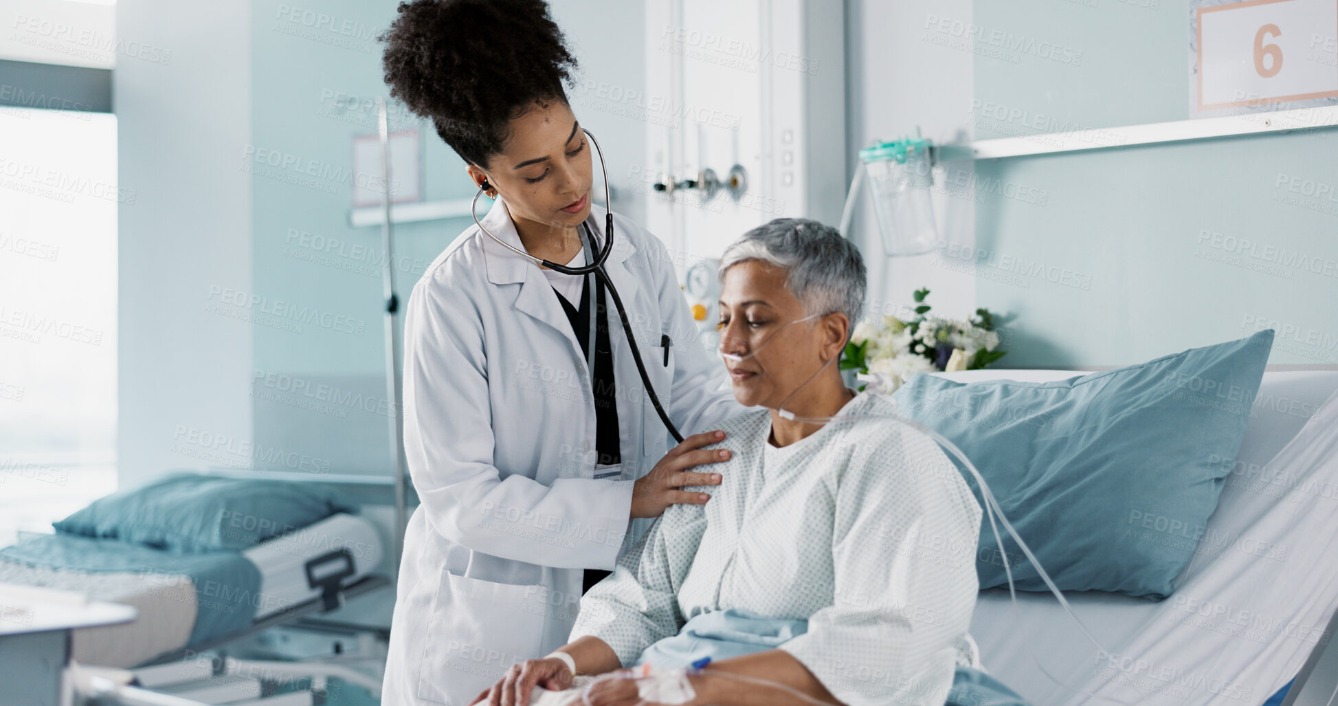 Buy stock photo Hospital, doctor and woman breathing with stethoscope for diagnosis, medical service and checkup. Healthcare, clinic and health worker with mature patient for surgery recovery, wellness and healing