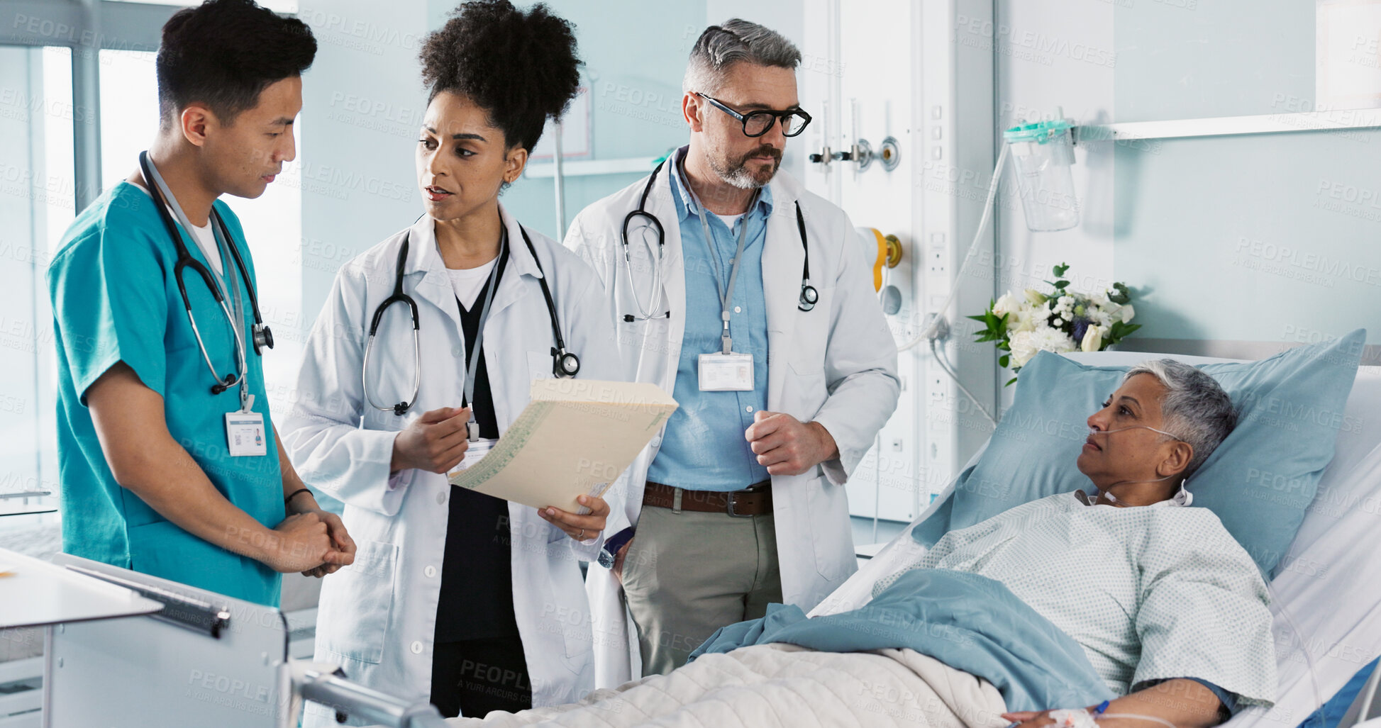 Buy stock photo Healthcare, documents and a medical team of doctors checking on a patient in recovery or rehabilitation. Medicine, teamwork and explain with a group of health professionals in a hospital for wellness