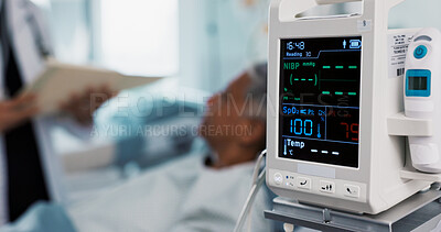 Patient, doctor and heart monitor, health and help with advice, vital sign or numbers with rehabilitation in hospital. People with healthcare, screen and medical emergency, cardiology and EKG machine