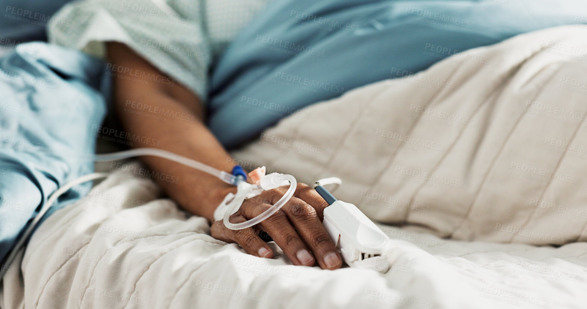 Buy stock photo Iv drip, emergency and hand of patient in a hospital after surgery, treatment and operation in a clinic sleeping. Closeup, healthcare and person in medical ER for recovery, life support and medicine