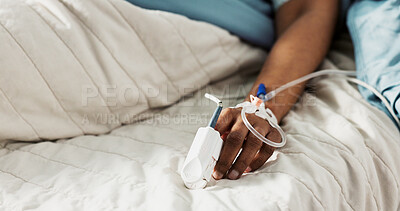 Iv drip, emergency and hand of patient in a hospital after surgery, treatment and operation in a clinic sleeping. Closeup, healthcare and person in medical ER for recovery, life support and medicine