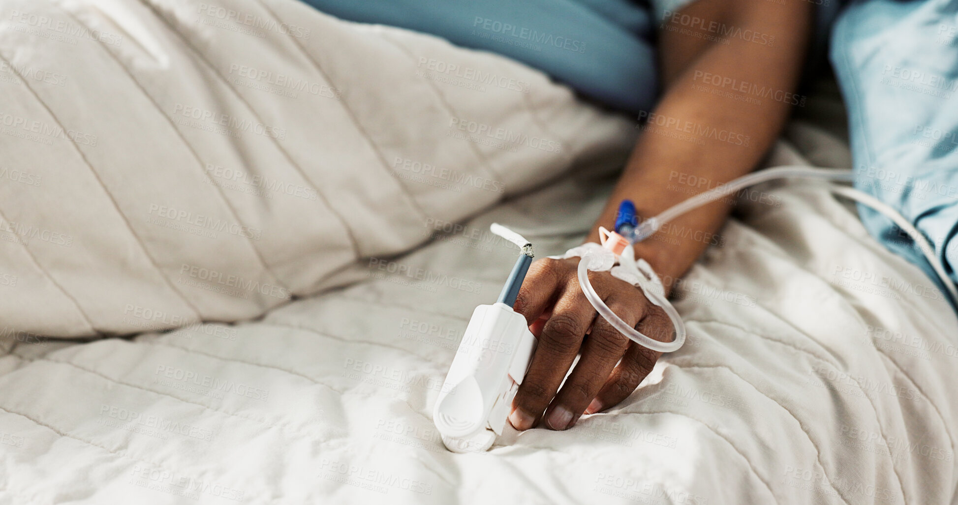 Buy stock photo Iv drip, emergency and hand of patient in a hospital after surgery, treatment and operation in a clinic sleeping. Closeup, healthcare and person in medical ER for recovery, life support and medicine