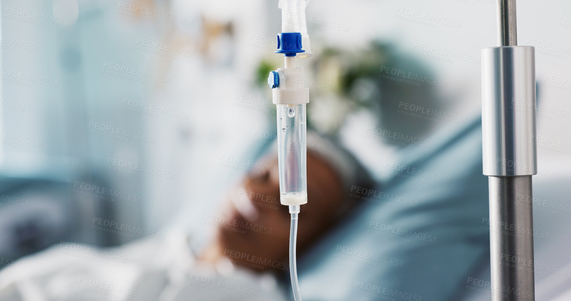 Buy stock photo Iv drip, patient and medicine in hospital for healthcare, nutrition or water in bed with healing. Medical, liquid and person with health support or solution for emergency, wellness or rehabilitation