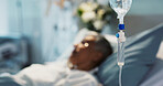 IV drip, healthcare and medicine with patient in hospital, treatment and surgery, healing or rehabilitation. Person at clinic, health with medication or liquid for infusion, service and recovery