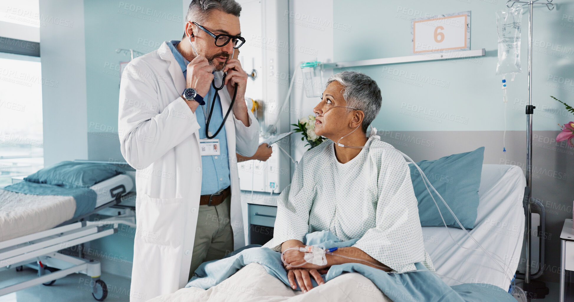 Buy stock photo Healthcare, doctor and patient breathing with stethoscope for diagnosis, medical service and checkup. Hospital, clinic and health worker with mature person for surgery recovery, wellness and healing