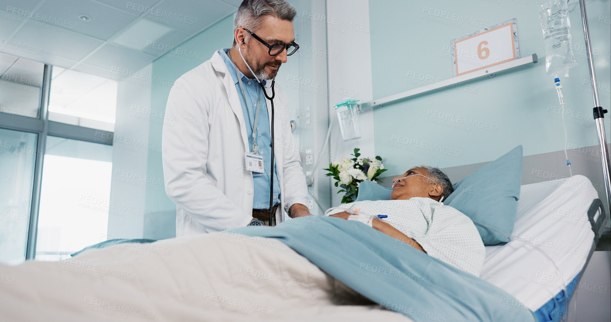 Buy stock photo Doctor exam, hospital and stethoscope with a patient for cardiology, healthcare and heart problem. Ward, nursing and a medical employee listening to heartbeat of a woman for a consultation or service