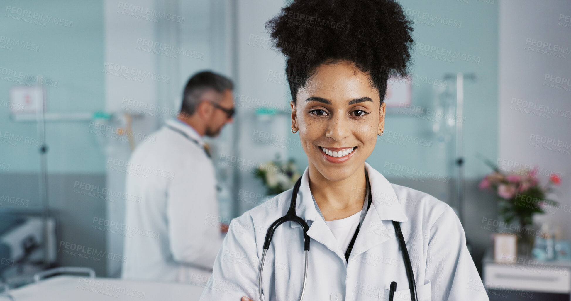 Buy stock photo Hospital, doctor and face of woman with crossed arms for medical service, care and insurance. Healthcare, professional and portrait of person smile for consulting, medicine and medicare in clinic