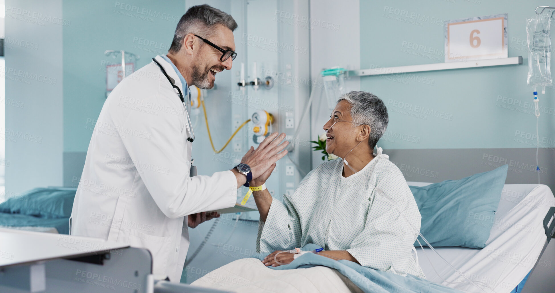 Buy stock photo Hospital, doctor and woman high five for success with ventilation tube for oxygen, medical service and care. Healthcare, happy and mature person celebrate for surgery recovery, wellness and healing