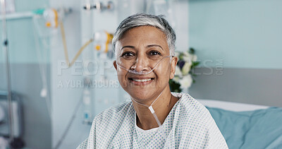 Hospital, patient and face of woman in bed with ventilation tube for oxygen, medical service and care. Healthcare, happy and portrait of mature person smile for surgery recovery, wellness and healing