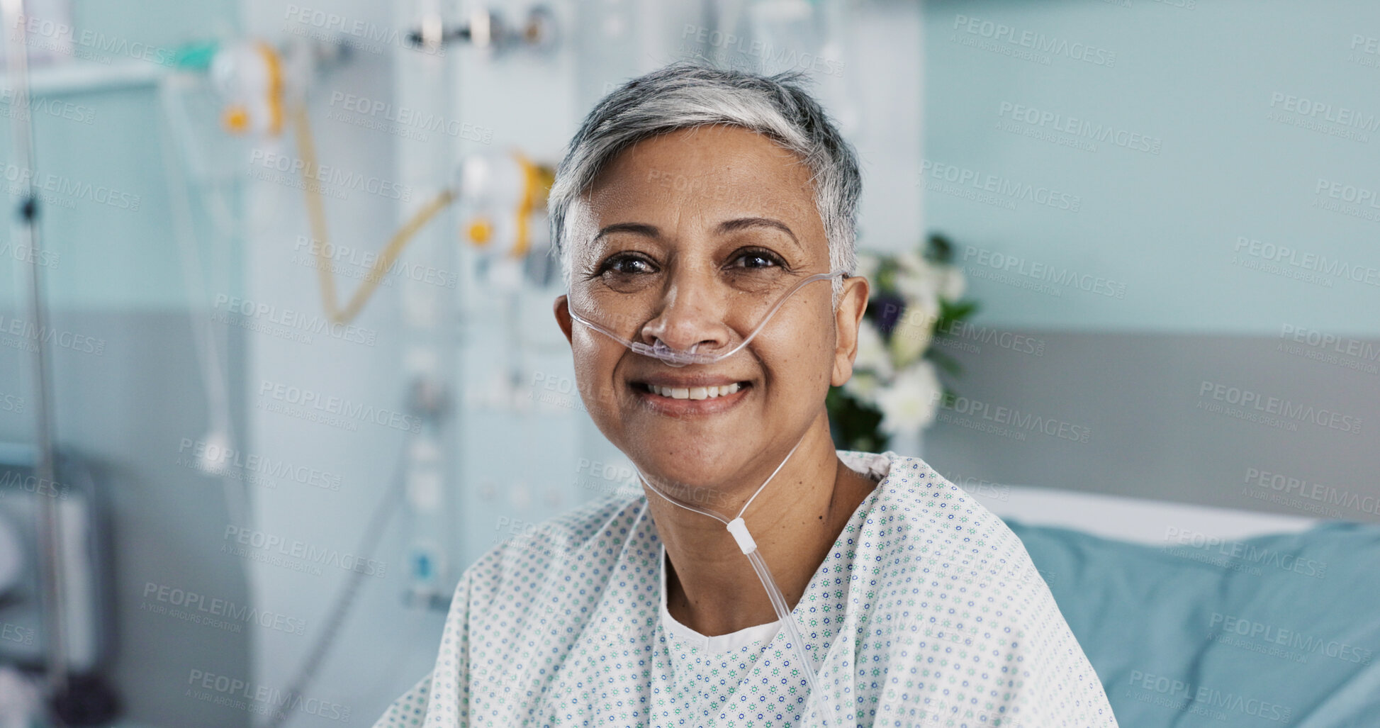 Buy stock photo Hospital, patient and face of woman in bed with ventilation tube for oxygen, medical service and care. Healthcare, happy and portrait of mature person smile for surgery recovery, wellness and healing