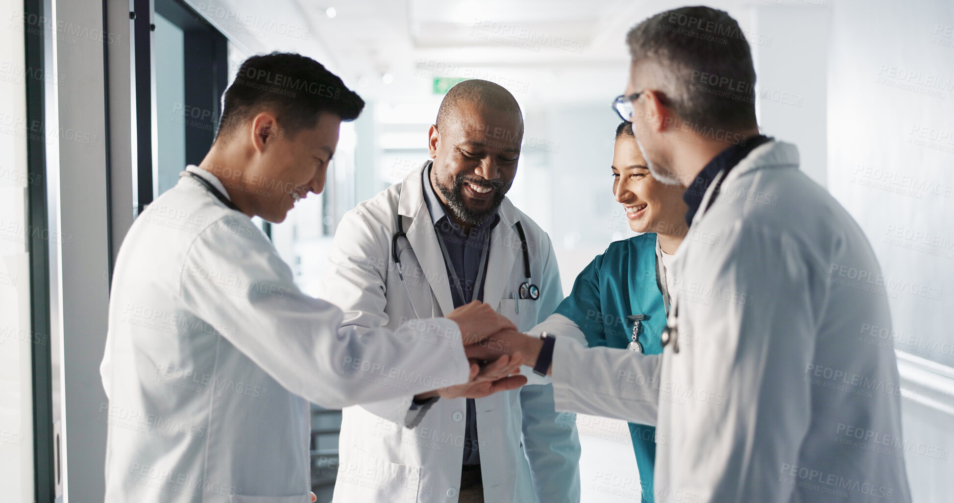 Buy stock photo Doctors, nurses and hands together, applause and support, success or collaboration for hospital goals and teamwork. Medical or healthcare people clapping and stack for clinic mission and celebration