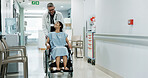 Doctor, happy wheelchair patient and people talking about healthcare, wellness surgery results or medical support. Clinic, help or medicine expert, staff or surgeon travel, walking and chat to client