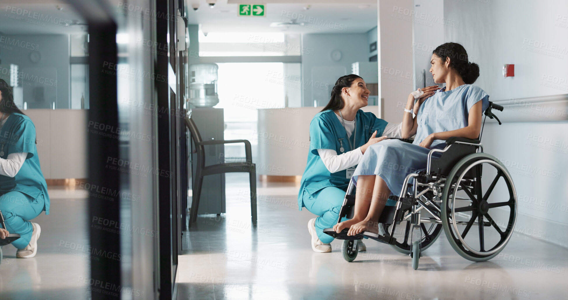 Buy stock photo Happy doctor, wheelchair patient and women talking, consulting and motivation advice for healthcare service surgery. Nurse support, help and wellness surgeon speaking to person with disability