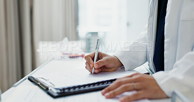 Doctor, hands and writing on checklist at desk for health, information and paperwork. Table, clipboard and closeup of medical woman on chart for prescription, notes or insurance document in hospital