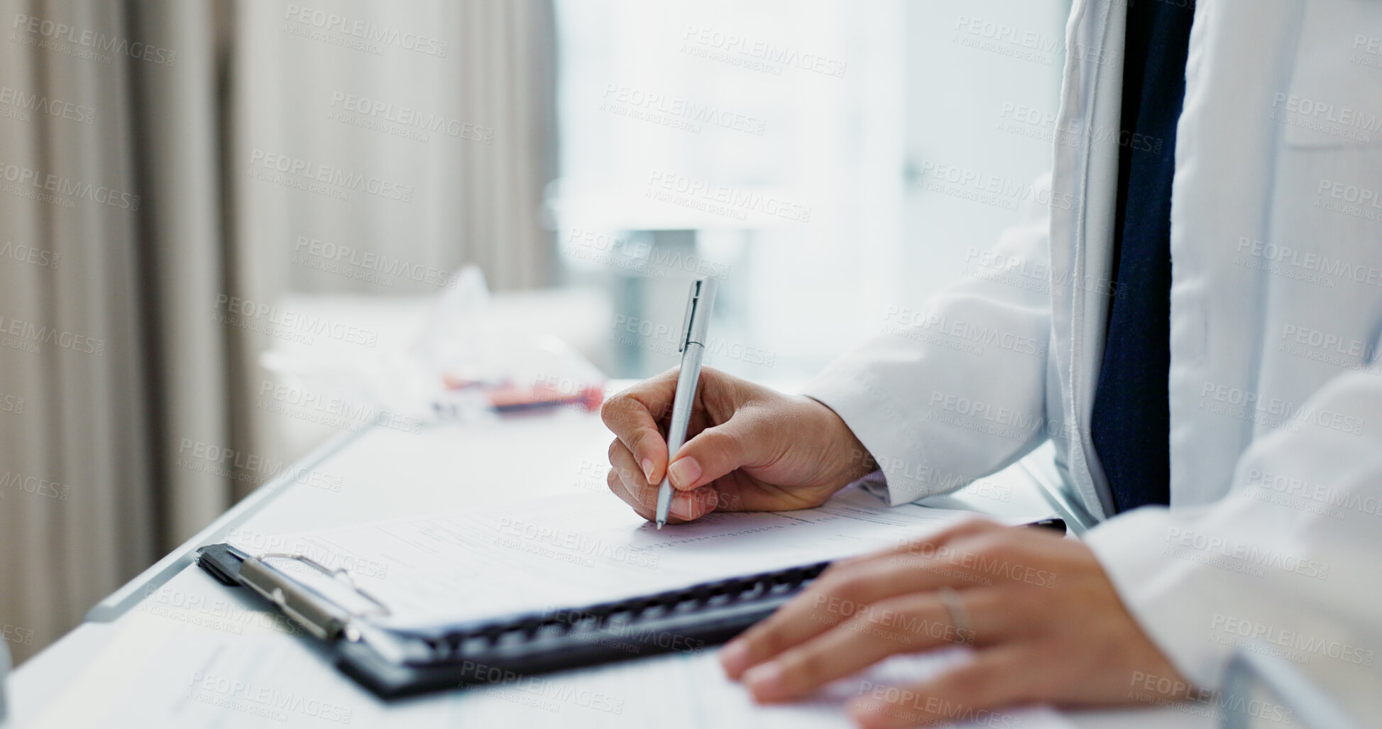 Buy stock photo Doctor, hands and writing on checklist at desk for health, information and paperwork. Table, clipboard and closeup of medical woman on chart for prescription, notes or insurance document in hospital