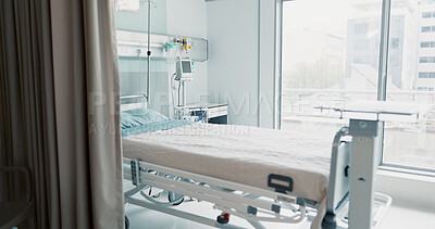 Hospital, healthcare or interior of bedroom or empty room for wellness, consulting or healing. Background, medical or clinic space for emergency, rehabilitation or recovery with furniture or light