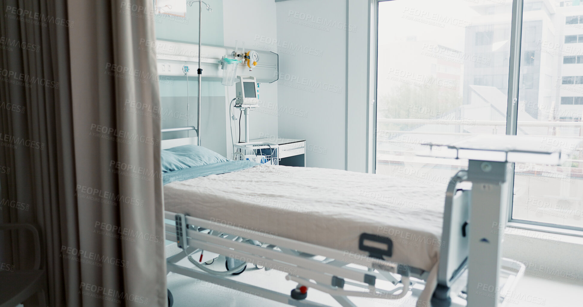 Buy stock photo Hospital, healthcare or interior of bedroom or empty room for wellness, consulting or healing. Background, medical or clinic space for emergency, rehabilitation or recovery with furniture or light