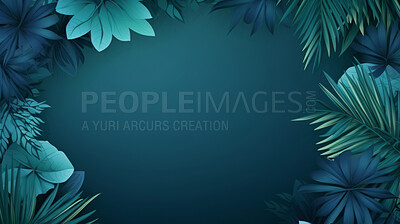 Leaves background with teal copyspace. Product presentation invitation template.