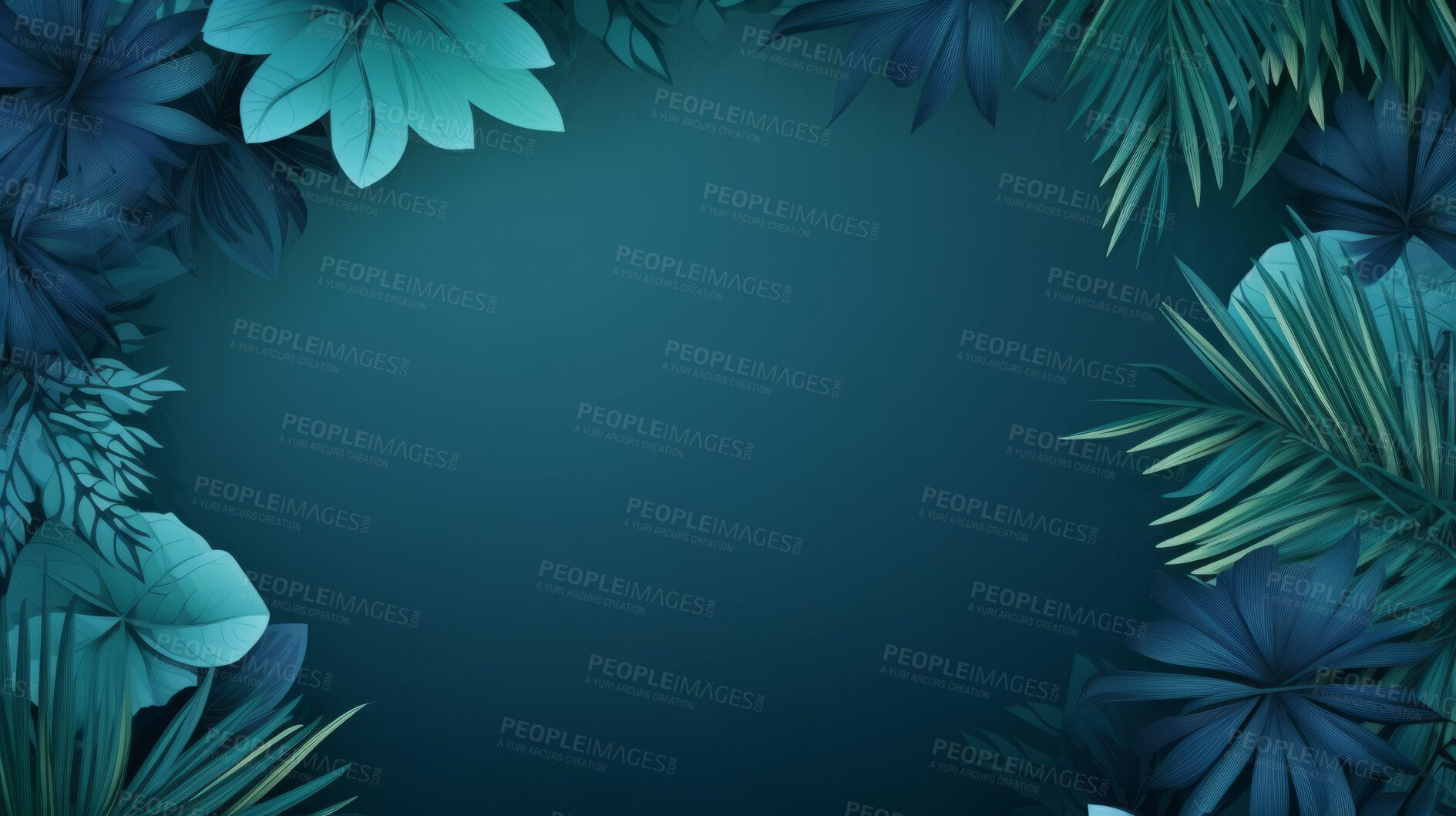 Buy stock photo Leaves background with teal copyspace. Product presentation invitation template.