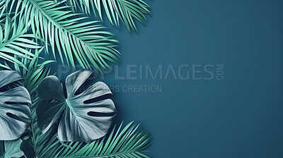 Leaves background with teal copyspace. Product presentation invitation template.