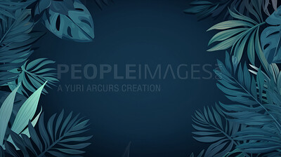 Leaves background with blue copyspace. Product presentation invitation template.