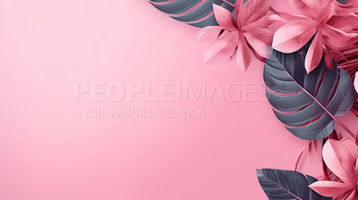 Leaves background with pink copyspace. Product presentation invitation template.