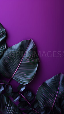 Leaves background with purple copyspace. Product presentation invitation template.