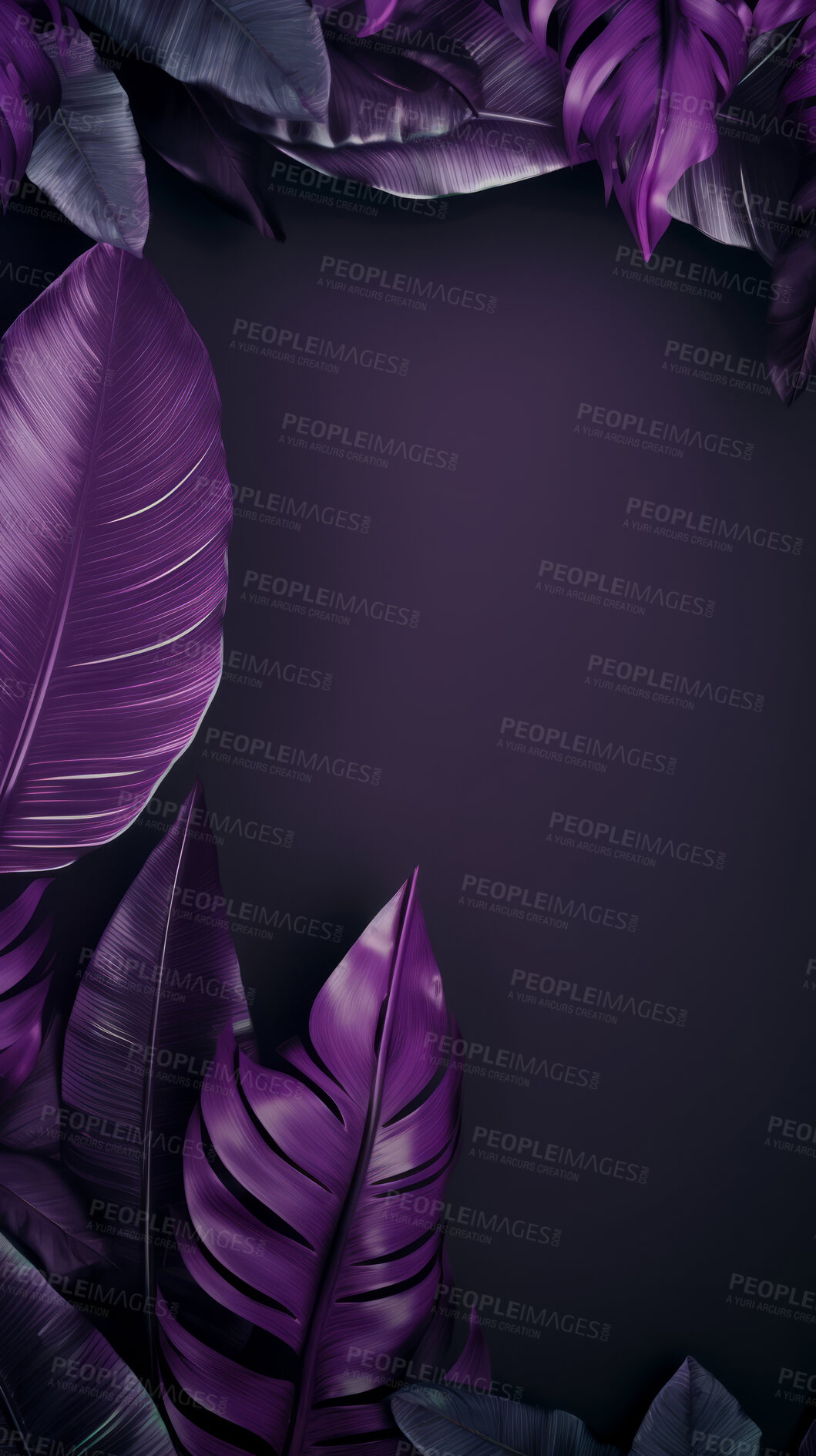 Buy stock photo Leaves background with purple copyspace. Product presentation invitation template.