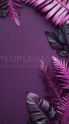 Leaves background with purple copyspace. Product presentation invitation template.