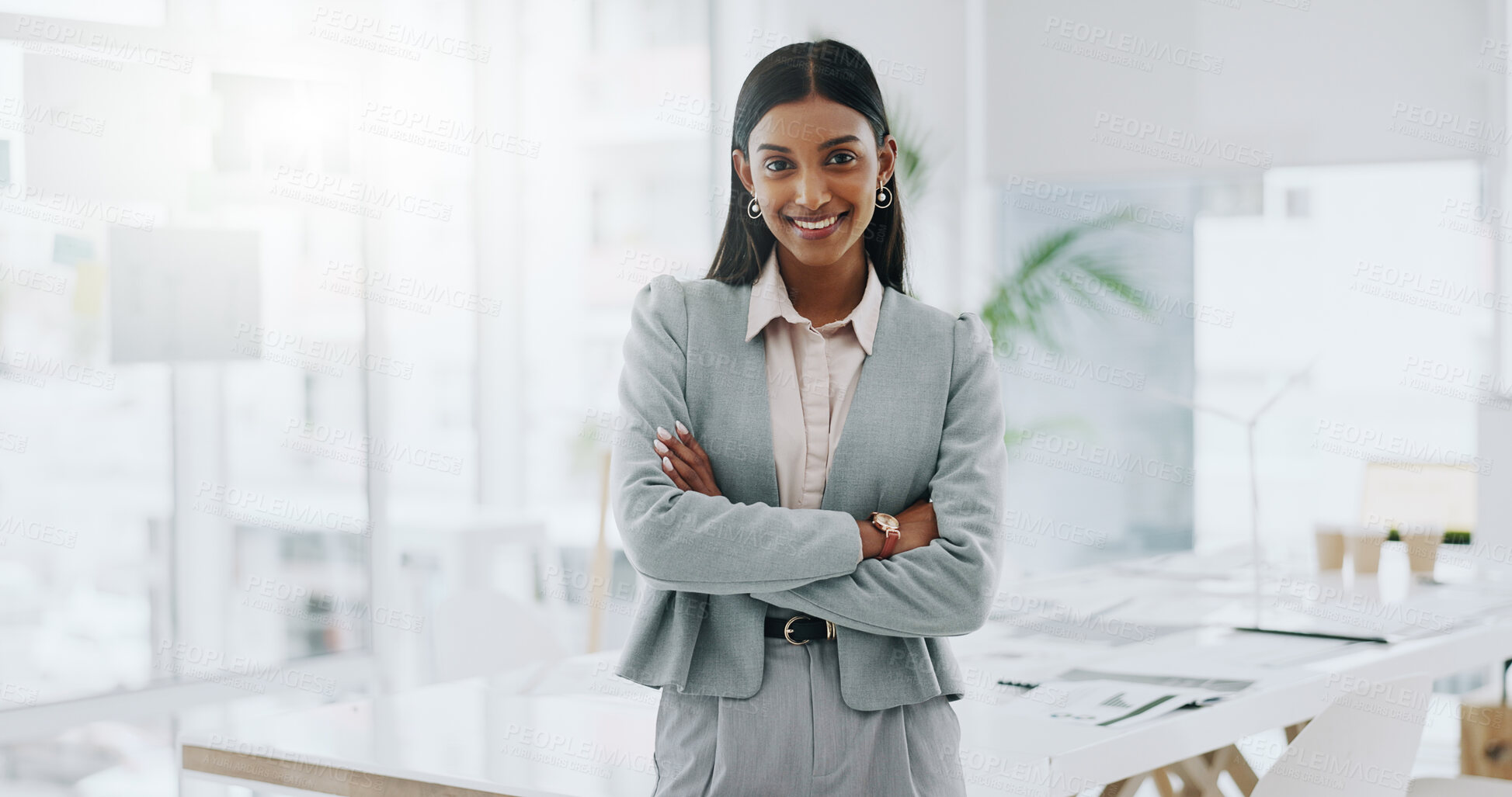 Buy stock photo Business woman, portrait and smile with arms crossed in an office for confidence and career pride. Professional entrepreneur person from India at corporate company with positive attitude or happiness