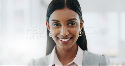 Business woman, portrait and smile on face in an office with confidence and career pride. Professional entrepreneur person from India at corporate company with positive attitude and happiness