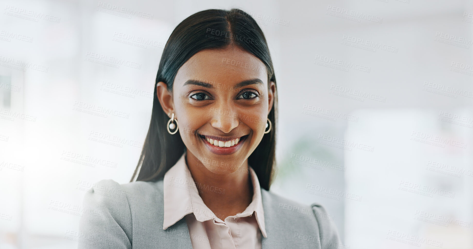 Buy stock photo Happy business woman, face and manager of professional in corporate success at office. Portrait of female person, leader or employee smile in happiness for career ambition or opportunity at workplace