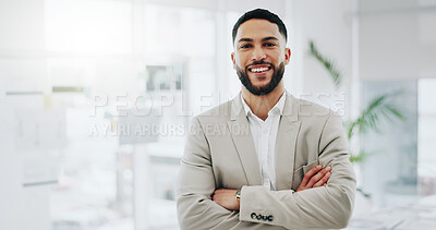 Business man, portrait and smile with arms crossed in an office for confidence and career pride. Professional entrepreneur person from Morocco at corporate company with positive attitude and space