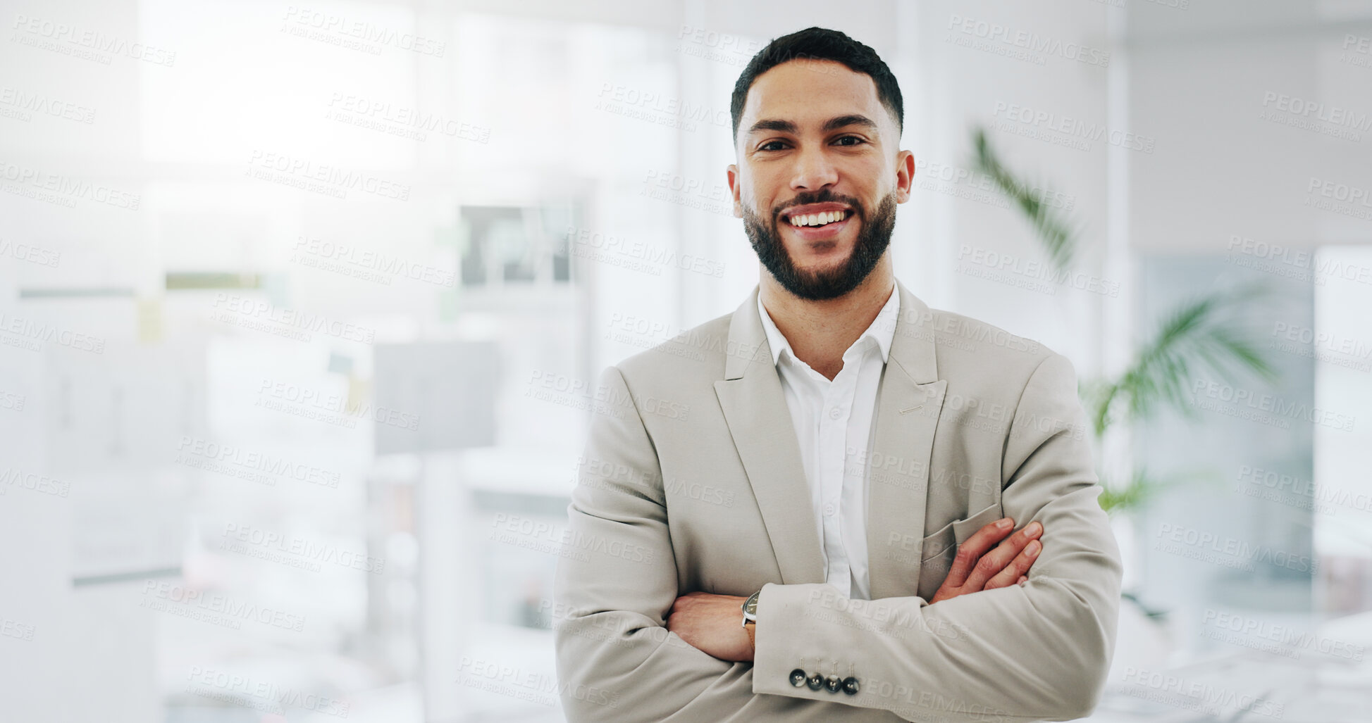 Buy stock photo Business man, portrait and smile with arms crossed in an office for confidence and career pride. Professional entrepreneur person from Morocco at corporate company with positive attitude and space