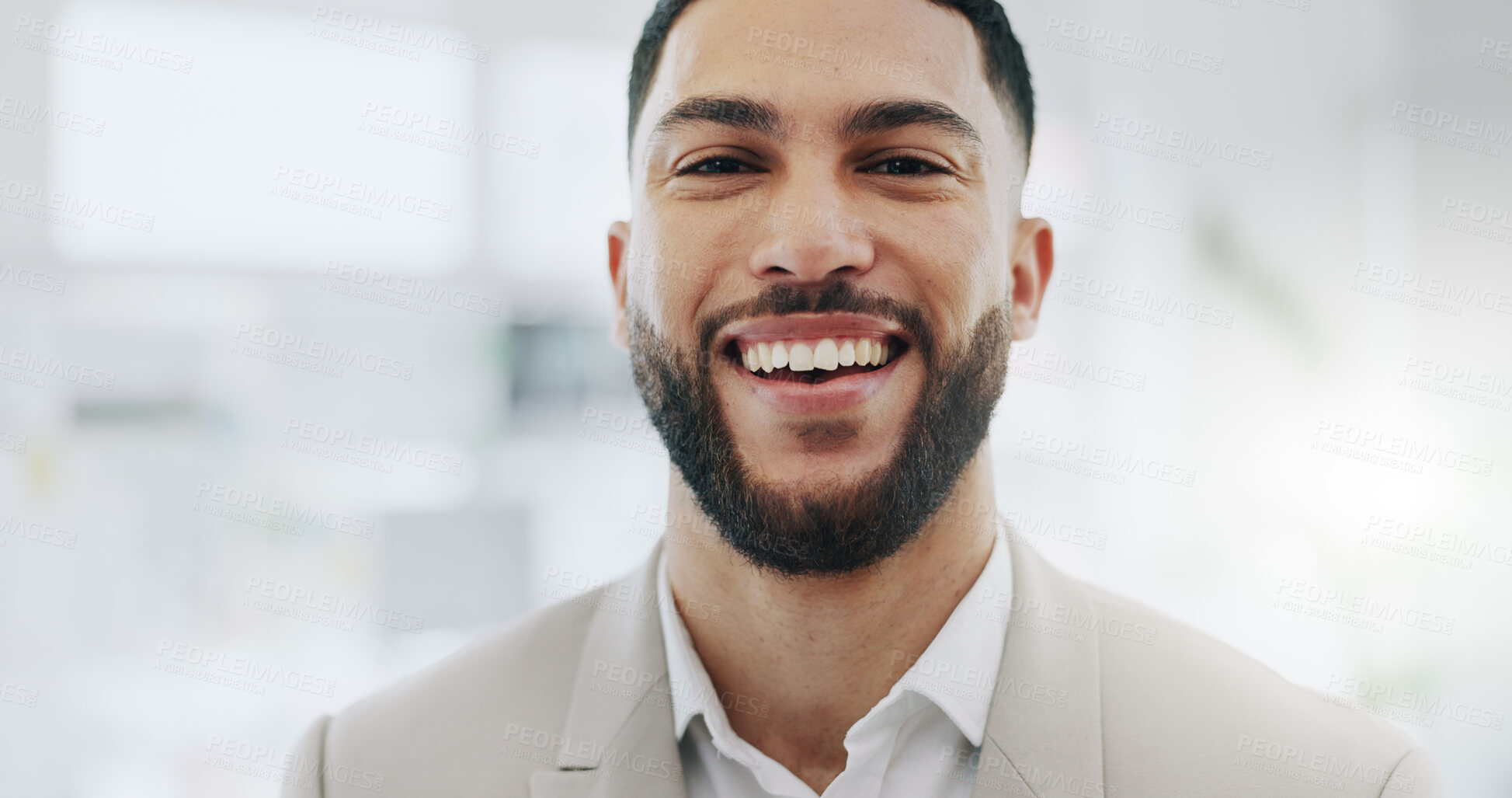 Buy stock photo Portrait of happy businessman, pride in office and confident project manager at engineering agency. Face of man, design business leader with smile and positive mindset for entrepreneur at startup.