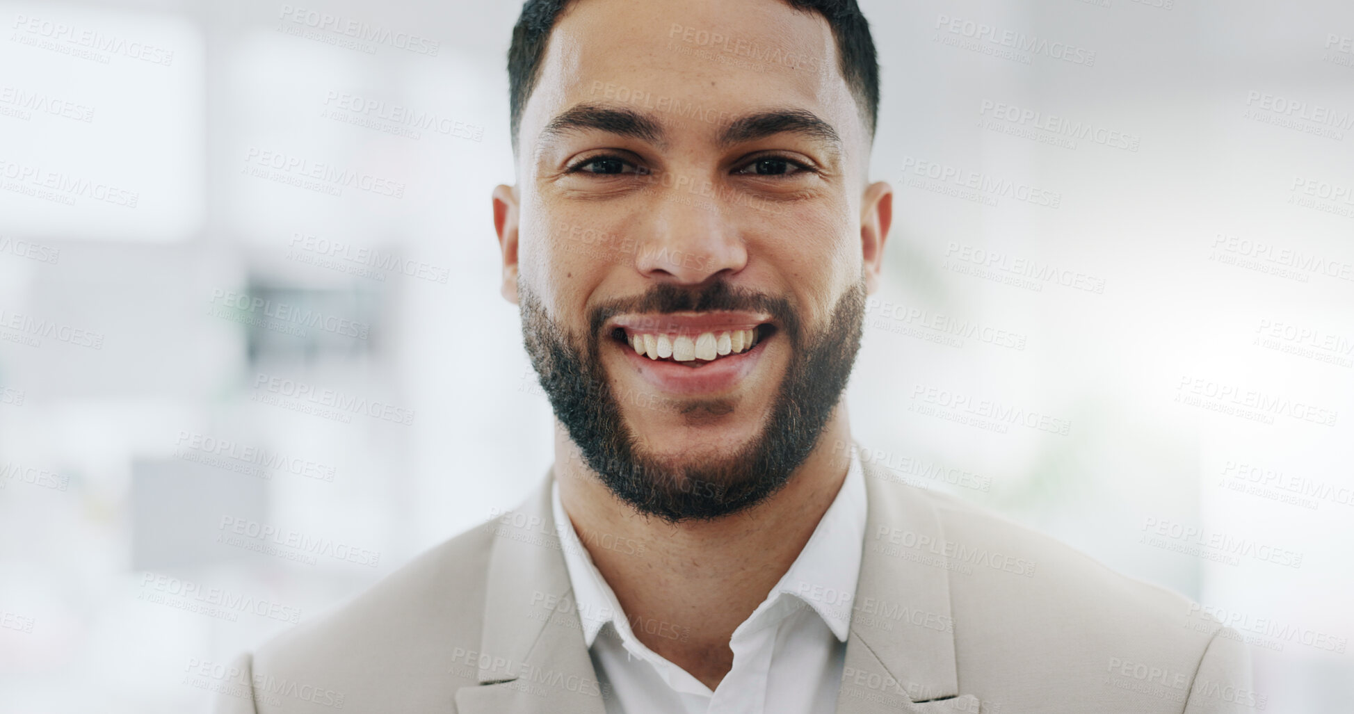 Buy stock photo Portrait of businessman, smile in office and confident project manager or engineering agency boss. Face of happy man, design business leader with pride and positive mindset, entrepreneur at startup.