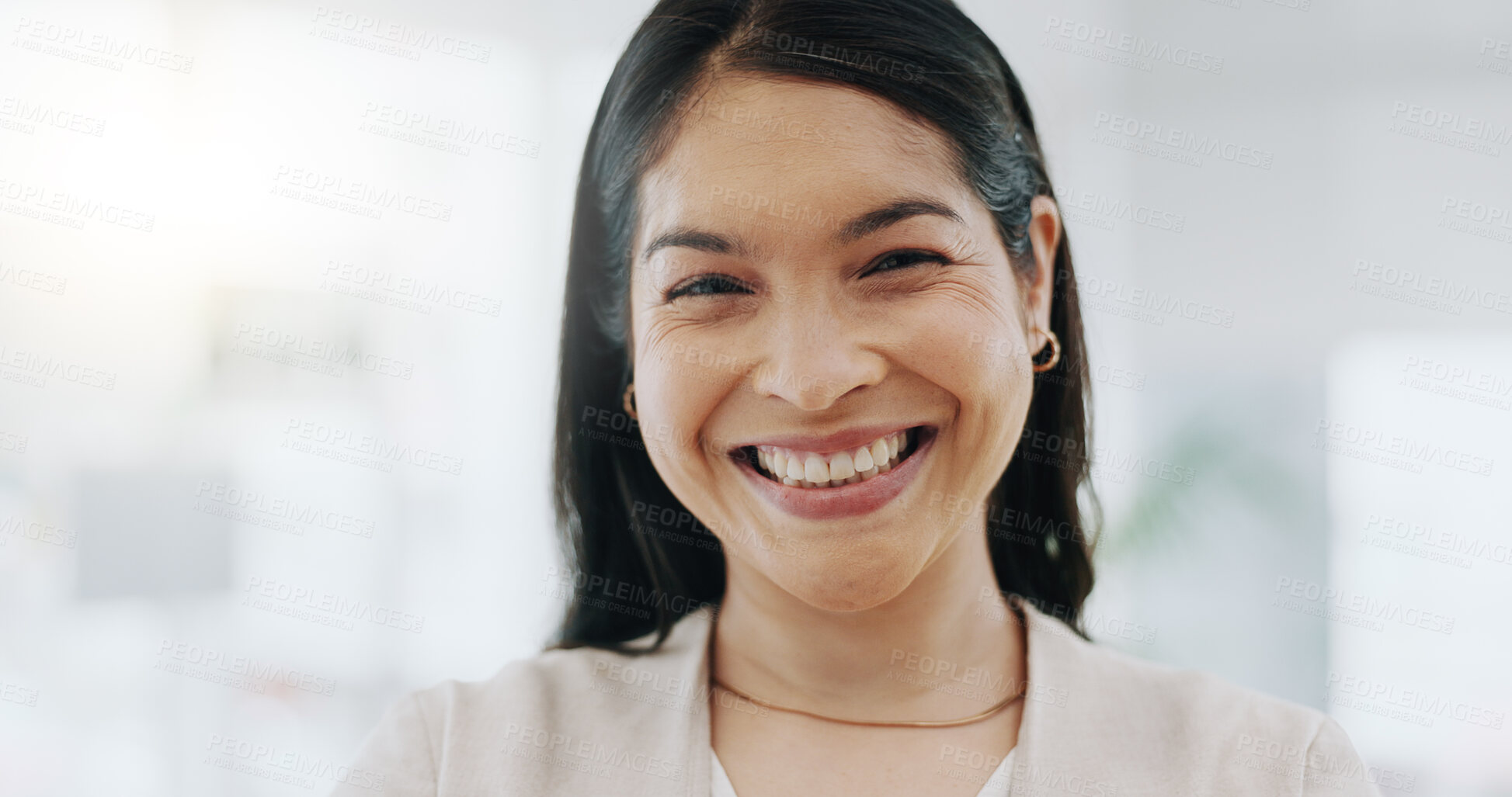 Buy stock photo Portrait of happy woman, smile in office and confident project manager at engineering agency. Face of businesswoman, design business leader with pride and positive mindset for entrepreneur at startup